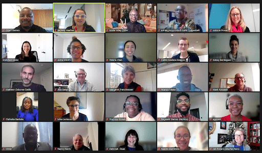 Screenshot of staff members meeting virtually over zoom.