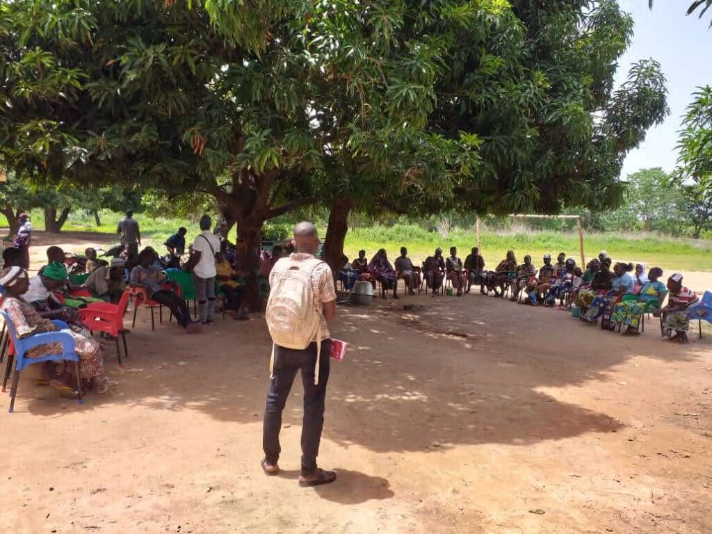 A large group of people meet in Benin. They are in a wooded setting.