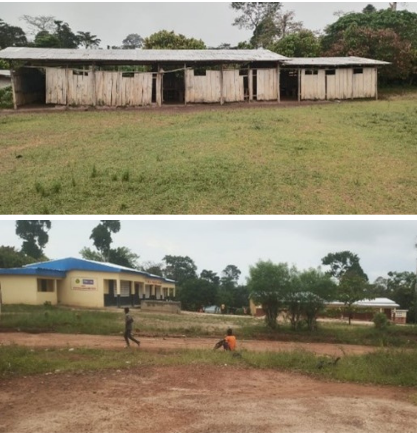 Before and after photos of the outside of a school show significant improvements and upgrades.