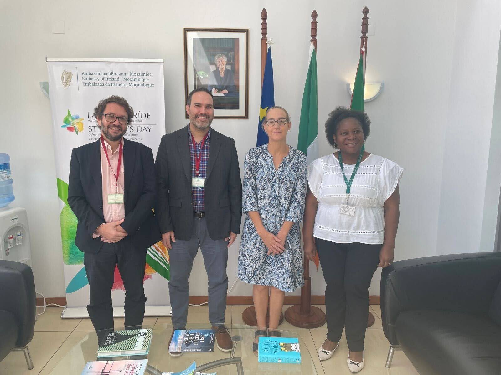 JSI&rsquo;s Adam Turney, a World Education initiative director, and David Noyes, project director, with IrishAid team leads Aileen O&rsquo;Donovan, deputy head of mission and cooperation, and L&iacute;dia Meque, program manager at the Embassy of Ireland in Maputo, Mozambique.&nbsp;